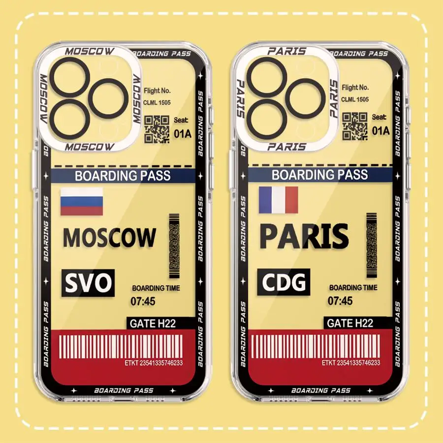 Moskau Paris Boarding Pass Hülle für iPhone 17 Pro Max 7 8 SE X XS XR 15 16 Plus Air 12 13 Mini 6 6S 11 14 Klare Handyhülle