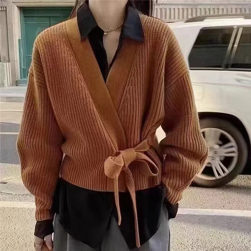 

Темпераментный кардиган с бантом и поясом, женский корейский свободный кардиган с v-образным вырезом, женский весенне-осенний однотонный кардиган во французском стиле, женские пальто