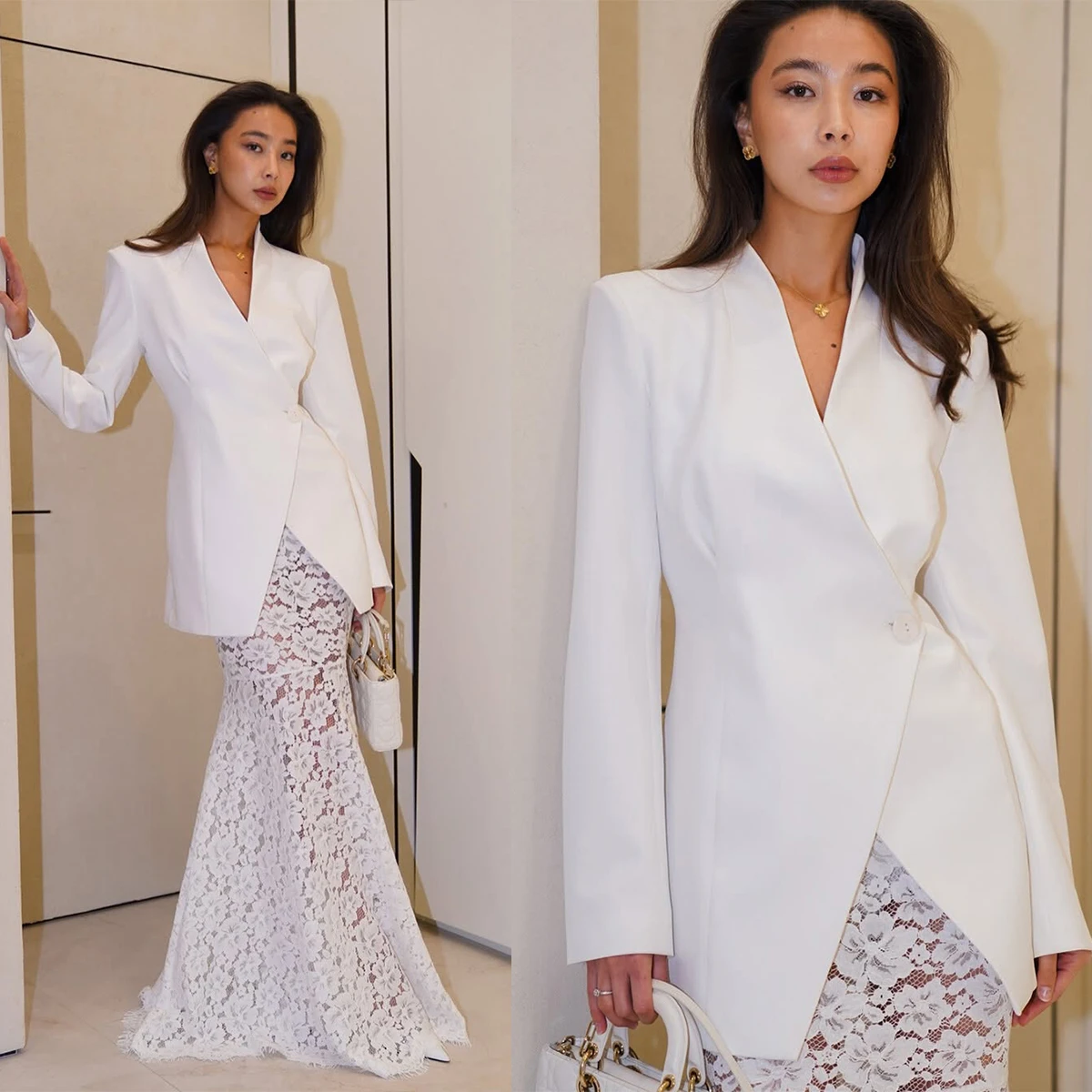 

Solid White Women Blazer Dress One Button Blazer Jacket Customized Wedding Guest Dress Outfit Party Evening Prom One Piece