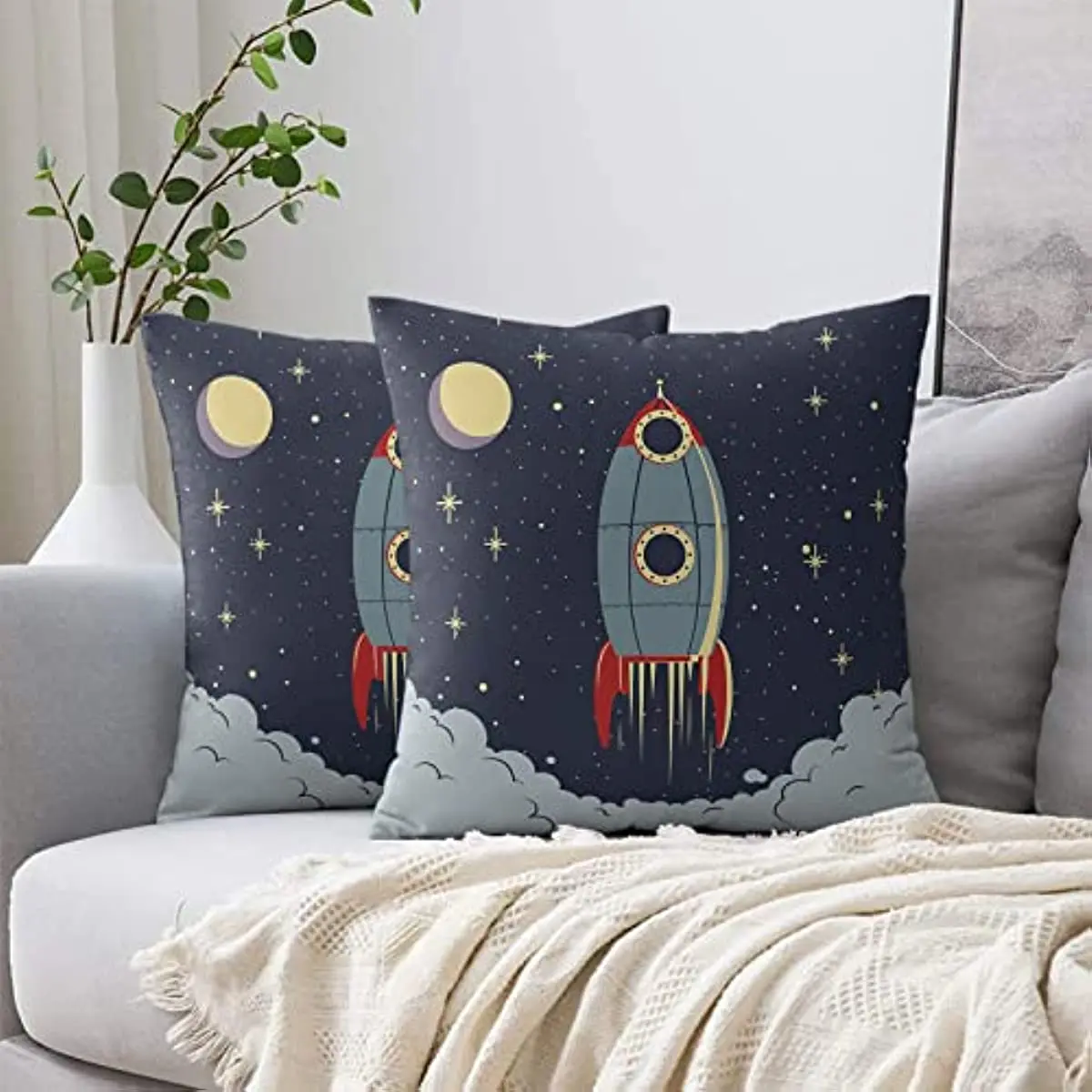 Rocket Throw Pillow Covers Kids Throw Pillowcase Outer Space Exploration Spaceship Sofa Bedroom Soft Decorative Square