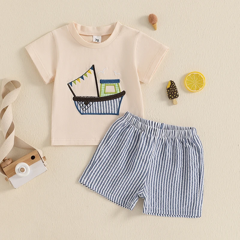 Summer Infant Kids Boy Clothes Sets Fashion Boat Embroidery Short Sleeve T-shirt Striped Elastic Waist Shorts 2pcs Outfits