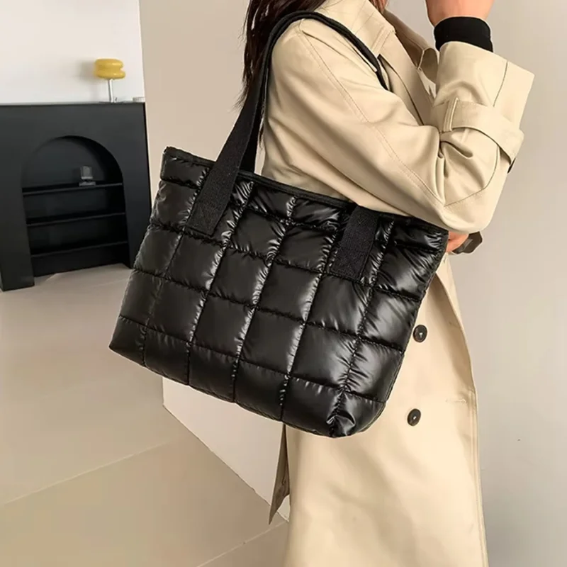 Bright Colored Large Cotton Clothing Tote Bag For Women's Winter Casual Versatile Underarm Shoulder Bag With Checkered Stitching