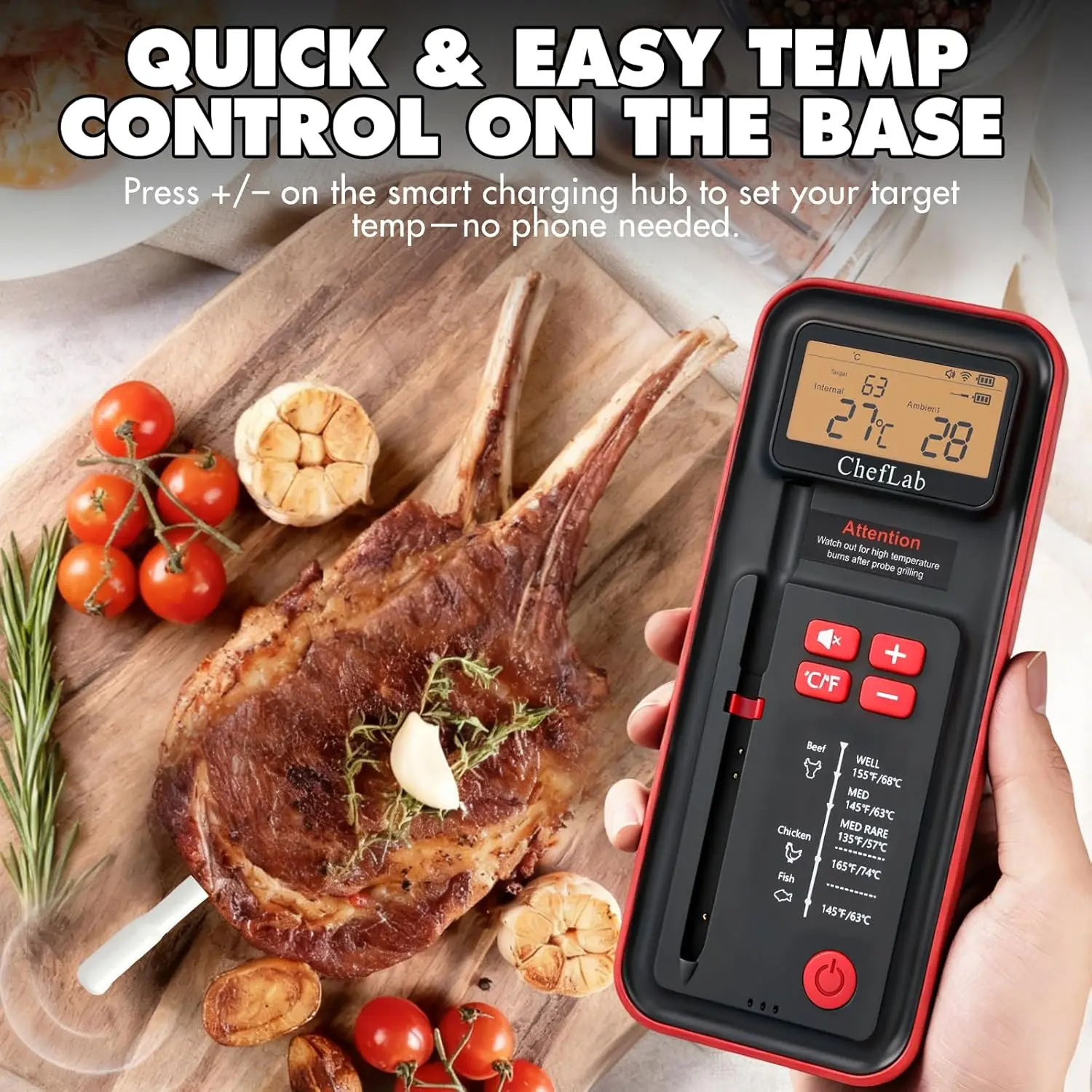 ChefLab AI Bluetooth Meat Thermometer, 500FT Long Range Wireless Digital Grill Thermometer, IP Waterproof Single Probe Smart Food Thermometer for BBQ Smoker Oven Air Fryer Kitchen Cooking