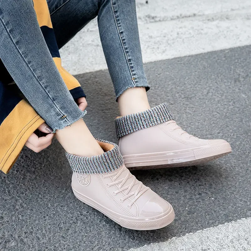 

Korean Style Women's Short Rain Boots Fleece Lined Anti Slip Waterproof Adult Rain Shoes Fashionable Casual Work Footwear