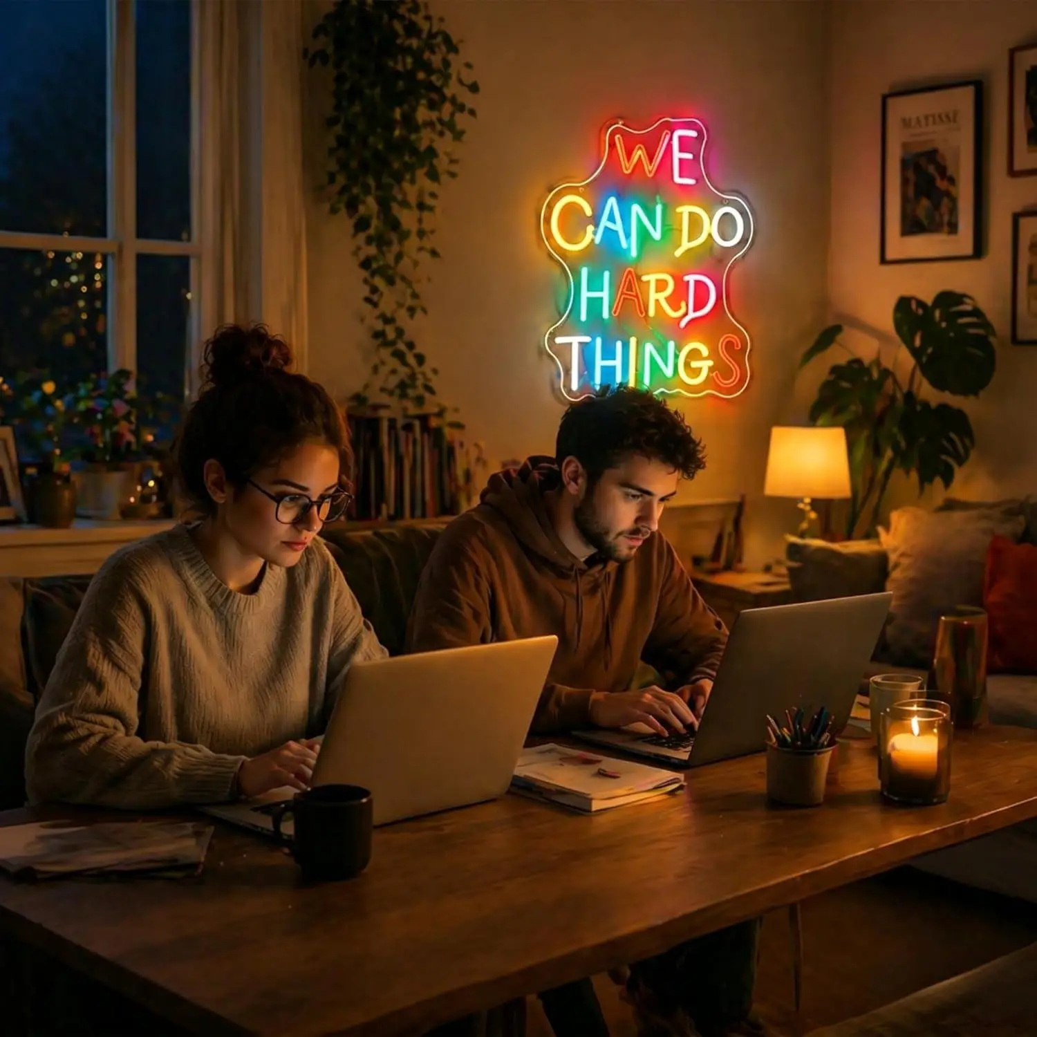 Rainbow Multicolor We Can Do Hard Things Neon Sign Dimmable LED Lights for Office Classroom Bedroom Inspirational Theme Decor