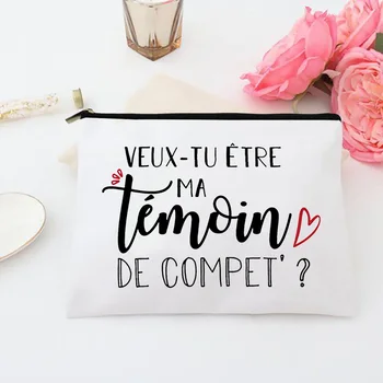 Trousse de Maquillage Imprimée en Français, Do You Want to Be My Witness, Rangement de Toilette en Lin, Sacs à Fermeture Éclair, Cadeau de Mariage pour Témoin 1