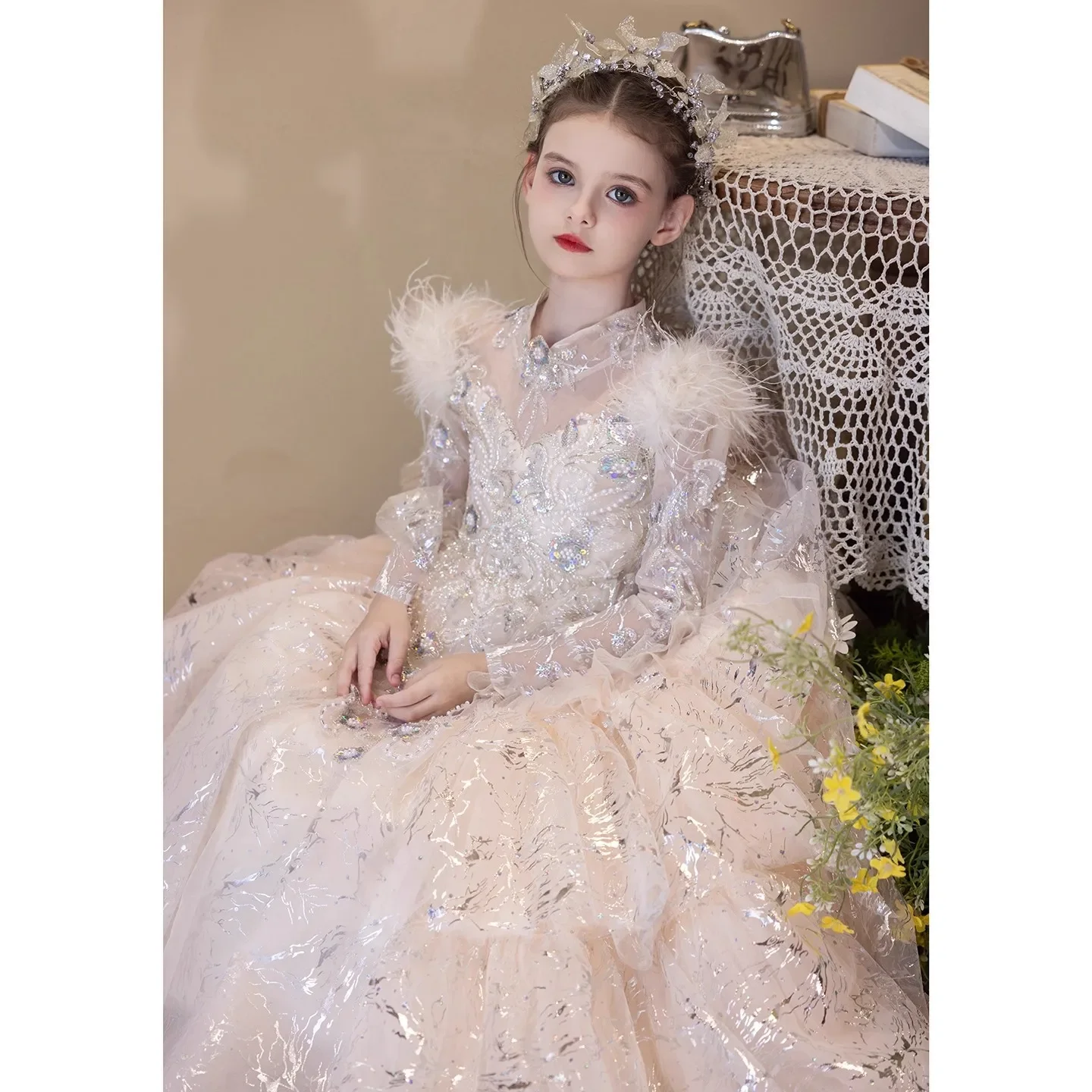 Flower Girl Wedding Dress Birthday Party Stand Neck Toddler Long Sleeves Luxury Princess First Communion Evening Ball Gown