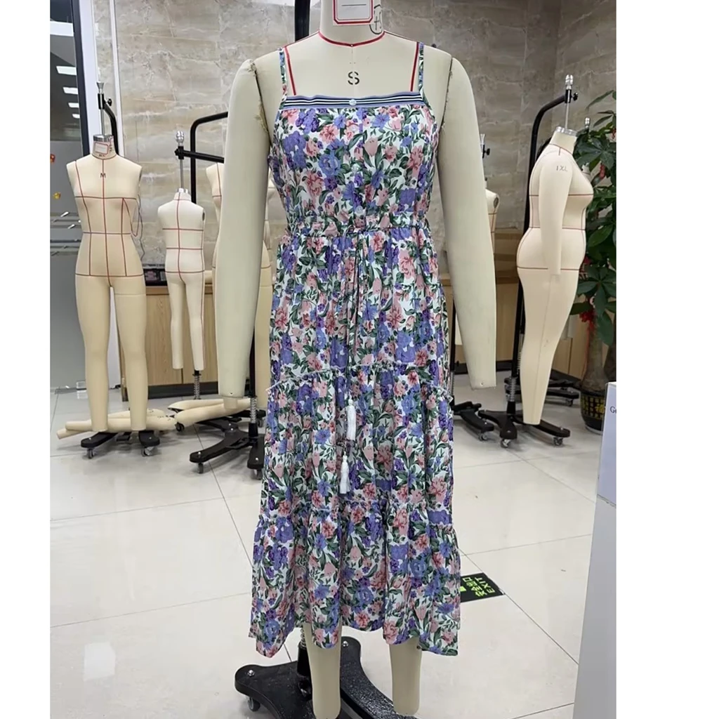 2025 vestido longo feminino sem mangas com estampa de flores em camadas praia patchwork elegante alça espaguete vestido de férias