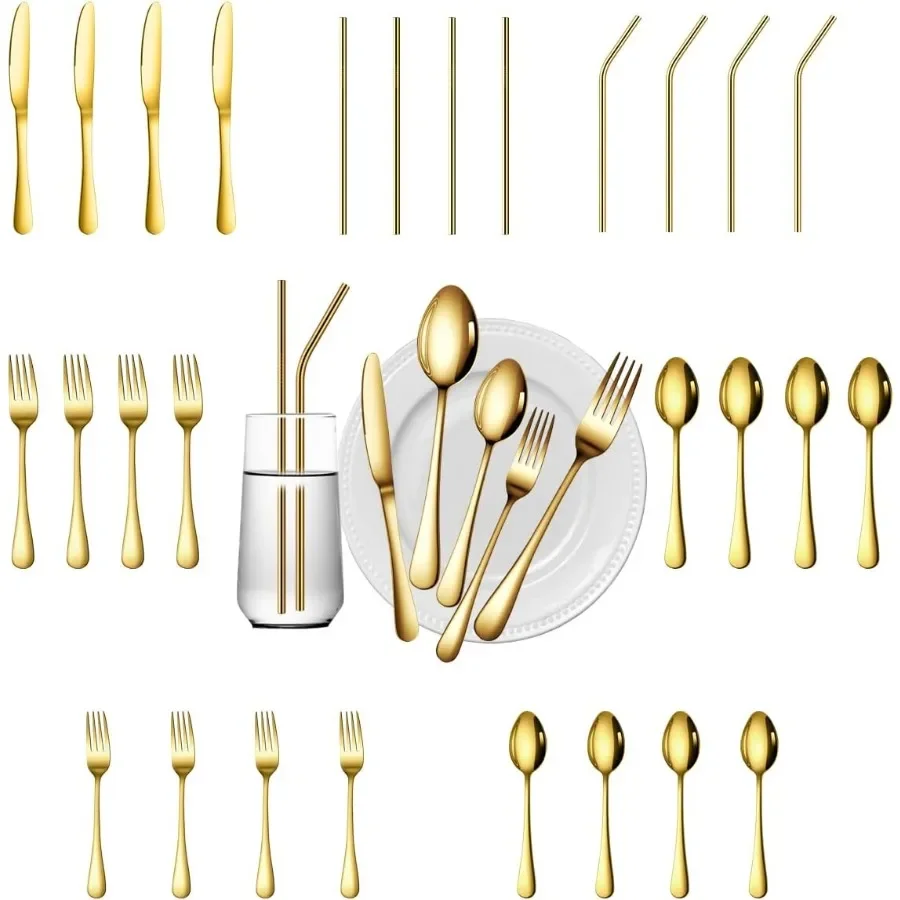 

28 Pieces Gold Silverware Service for 4 Flatware Set Stainless Steel Utensils Cutlery Set Dishwasher Safe Flatware Gold 28