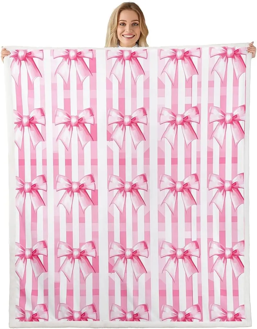 

Bow Fleece Throw Blanket Pink Bowknot Sherpa Blanket for Kids Women Men Plush Fuzzy Cute Throw Kawaii for Bed Couch Chair Living