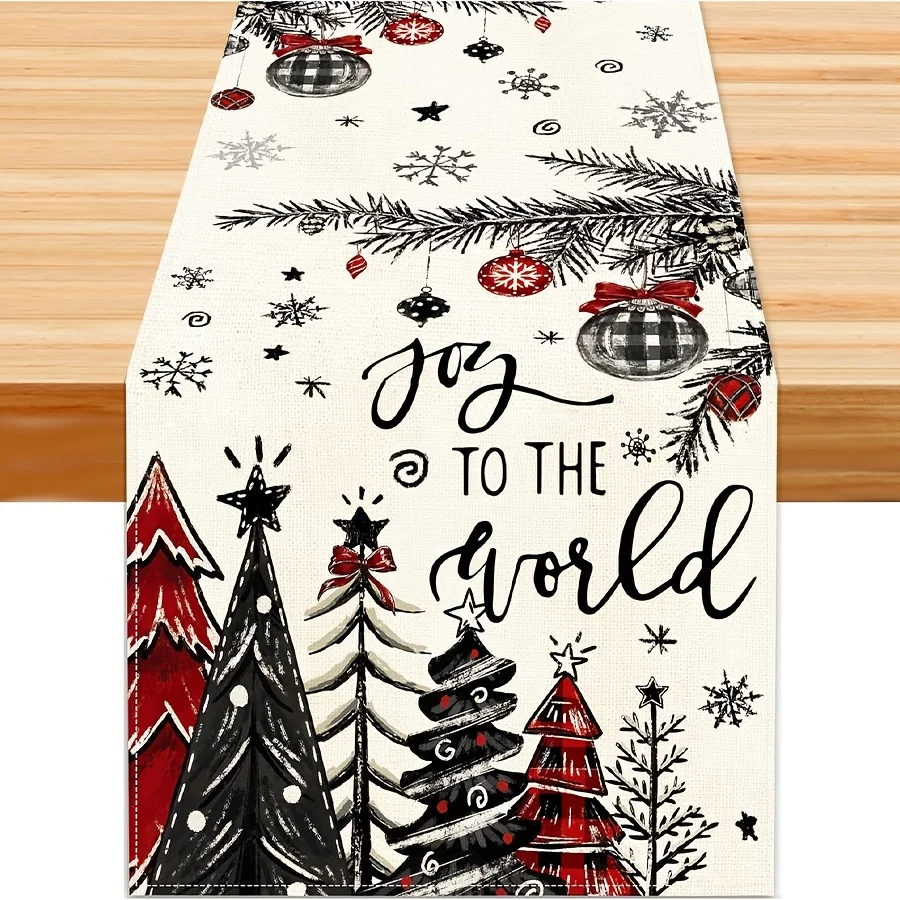 Christmas Joy Table Runner 2D Printed With Trees Ornaments Snowflakes for Christmas Table Decor to Holiday Meals and Decoration