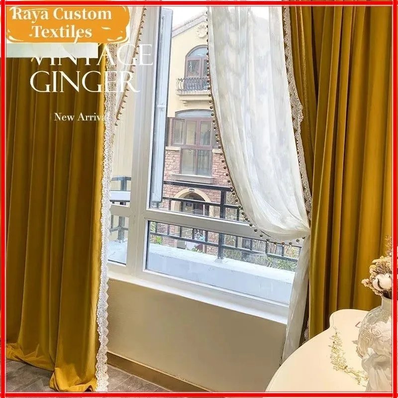 

French Ginger Velvet Luxury Blackout Curtains for Living Room Bedroom Vintage Thick Fabric Flannel Fashion Lace White Tulle