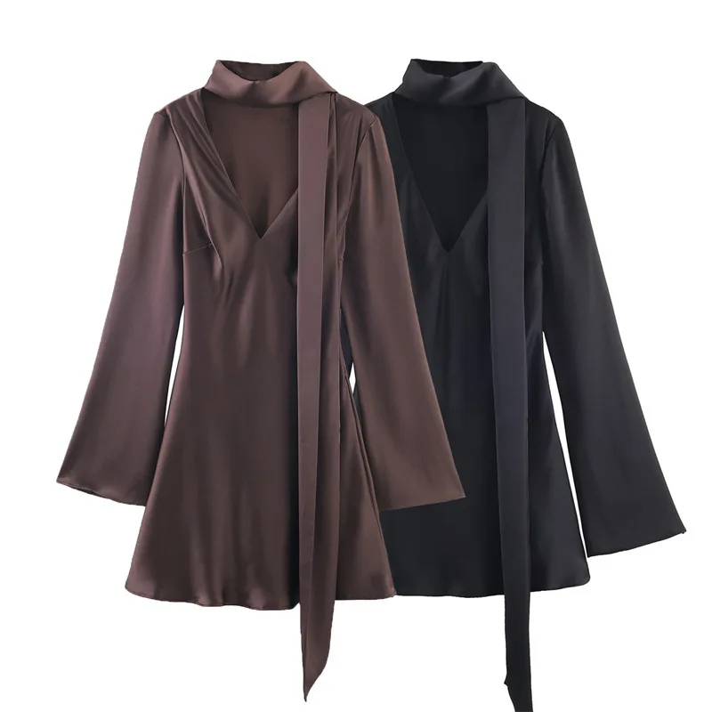 Nuovi abiti da donna europei e americani, abito sciarpa con trama in raso di seta semplice e alla moda