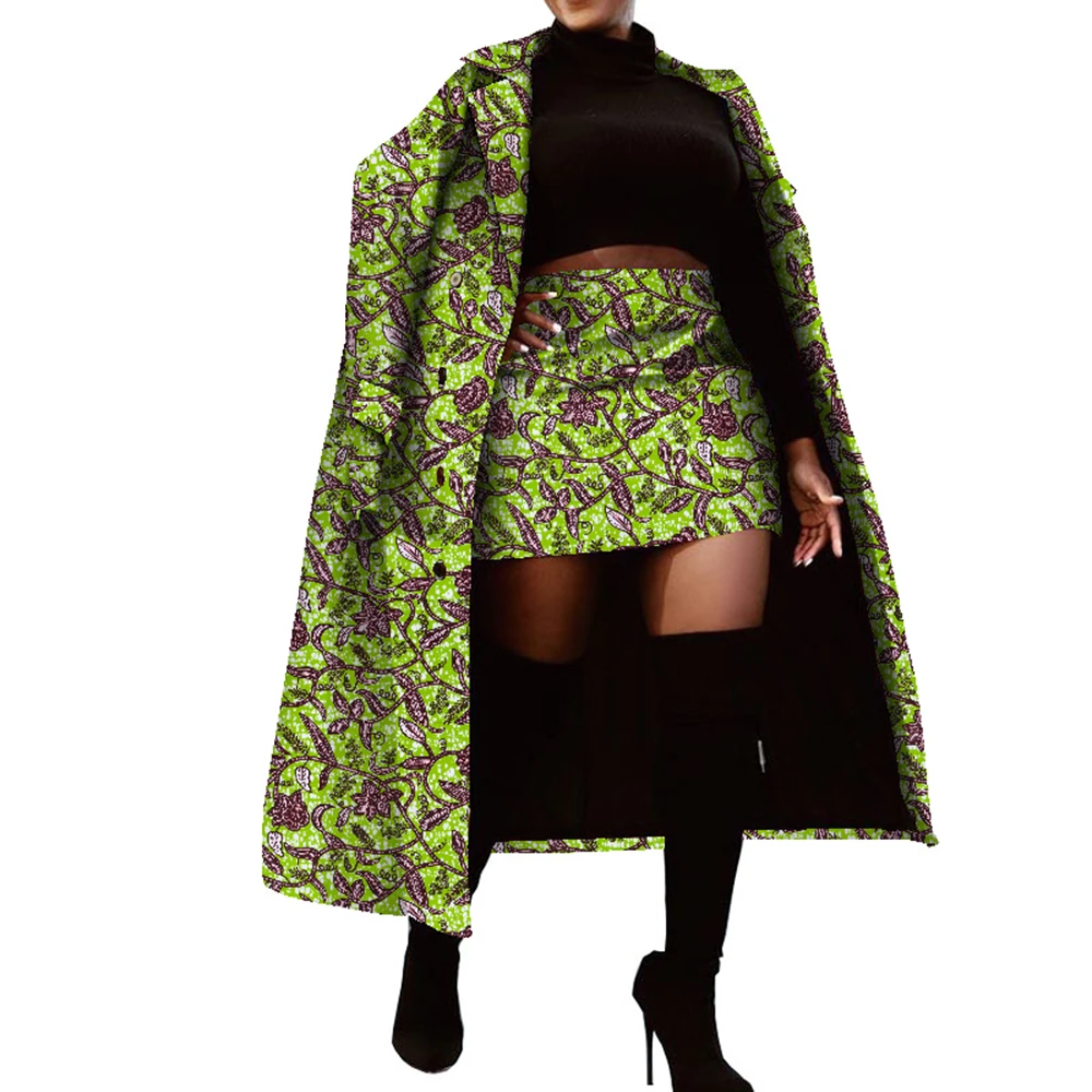 2 Pieces Set African Clothes for Women African Print Tops and Skirts Women Traditional African Long Trench Coat Skirt Set WY001