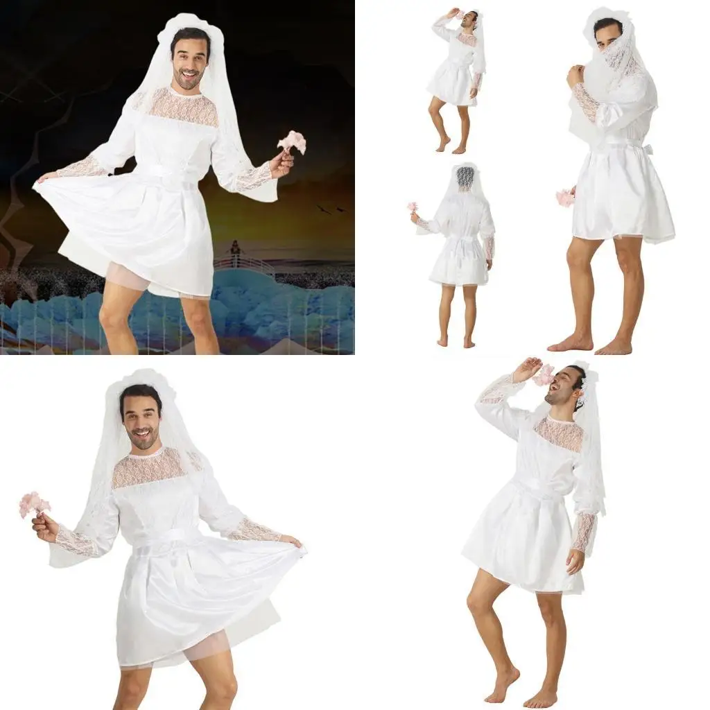 

R1WE Mens Bride Drag Queens Groom Costume Funny Comedy Costume Outfits Bridal Veil White Wedding Dress with Belt for Man