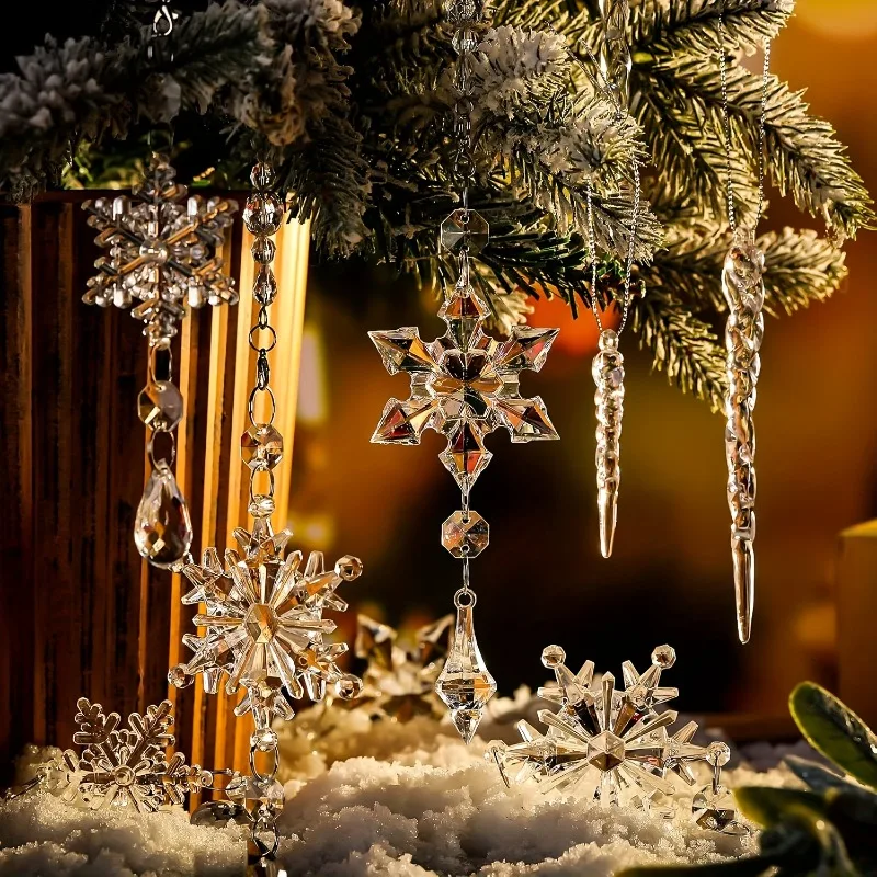 70pcs Acrylic Snowflake Pendant Beads Ornament Sets Christmas Tree Decoration Hexagonal Snowflake Flakes Hanging New Year Decor
