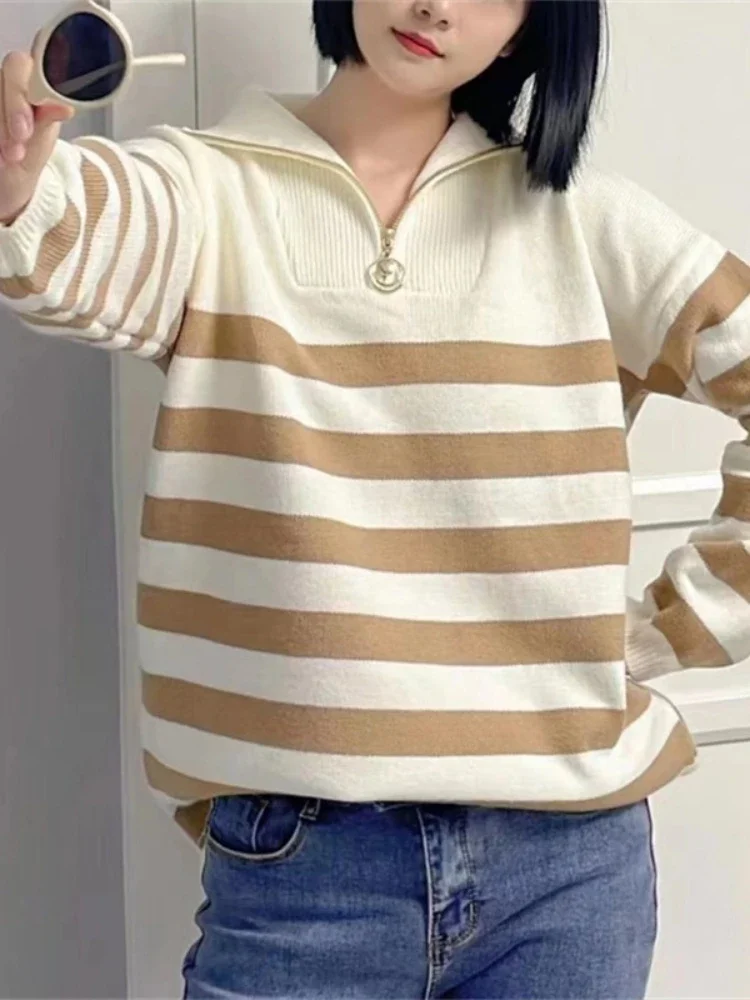 New Knitwear Simplicity Casual Tops for Women Winter Lapel Half Zip Stripe Women's Sweater 2026 Khaki White Sweaters Pullovers