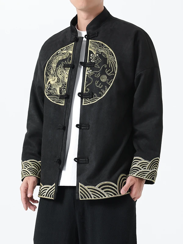 

New Chinese Sle Men's Suede Jaet Autumn Winter Embroidery Wind Golden Dragon High-End Outerwear Loose Fit Youth Faion