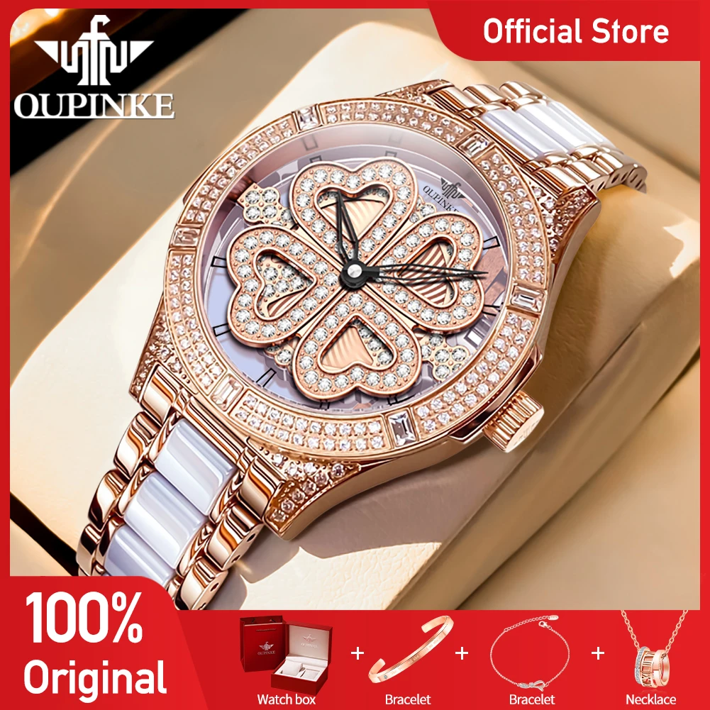 OUPINKE Top Luxury Ladies Watch Skeleton Swiss Movement Quartz Watch 50M Waterproof Watches For Women Gift Box Reloj 3279