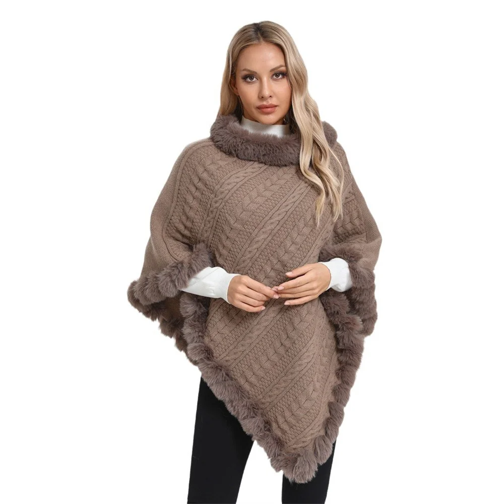 

7 Color Warm Oversize Knitted Poncho Shawl Women Cape Big Pendulum Hollow Out String Faux Fur O Neck Twist Pullover Overcoat