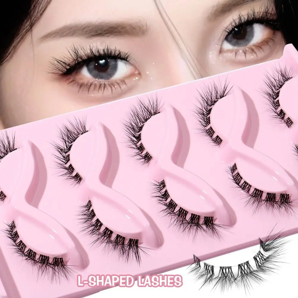 5 Pair 3D L Curl False Eyelashes Eye Tail Lengthening Full Strip Cat Eye Fake Lashes Long Winged Clear Stem Faux Mink Lashes