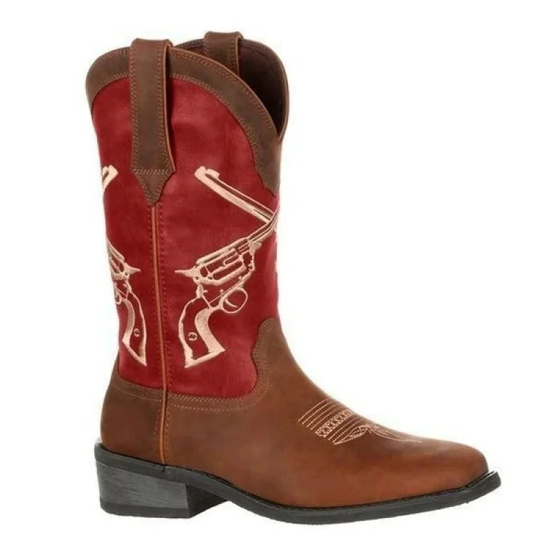 Men's Two-Tone Western Cowboy Boots with Pistol Embroidery and Square Toe Bold Footwear for Country Concerts Casual Outings