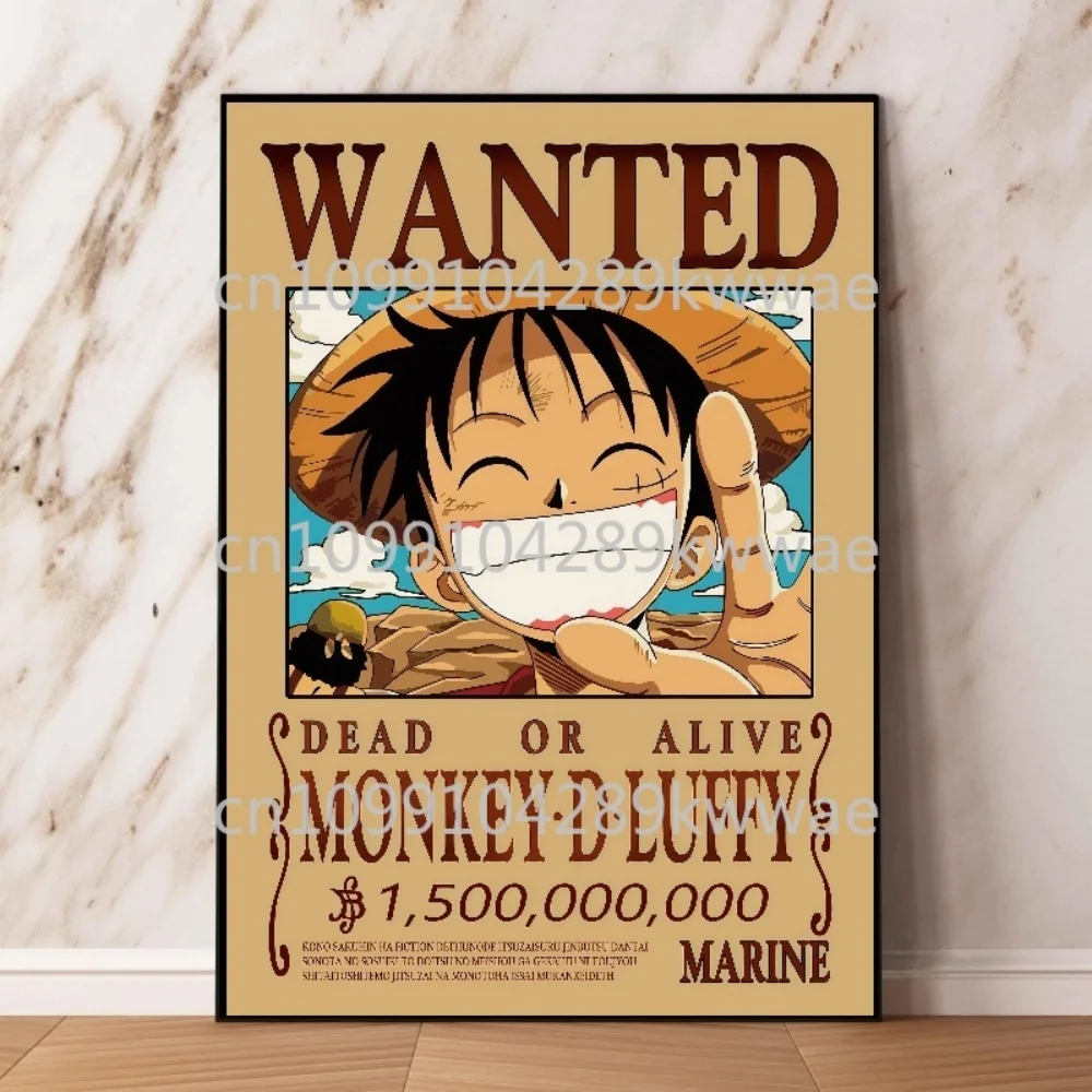 Póster de One Piece: Se busca: el icónico Pirata Sombrero de Paja, con texto "VIVO O MUERTO" y recompensa, ideal para el dormitorio y para los fans de las colecciones de anime.