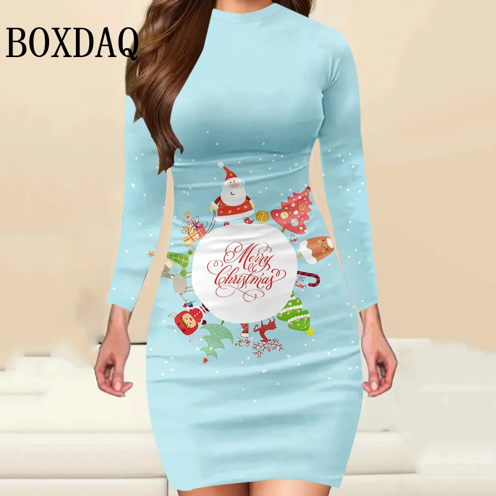 Merry Christmas Cute Santa Claus Print Women Dress Autumn Winter Lady Long Sleeve Dress Christmas Tree Sexy Bodycon Party Dress