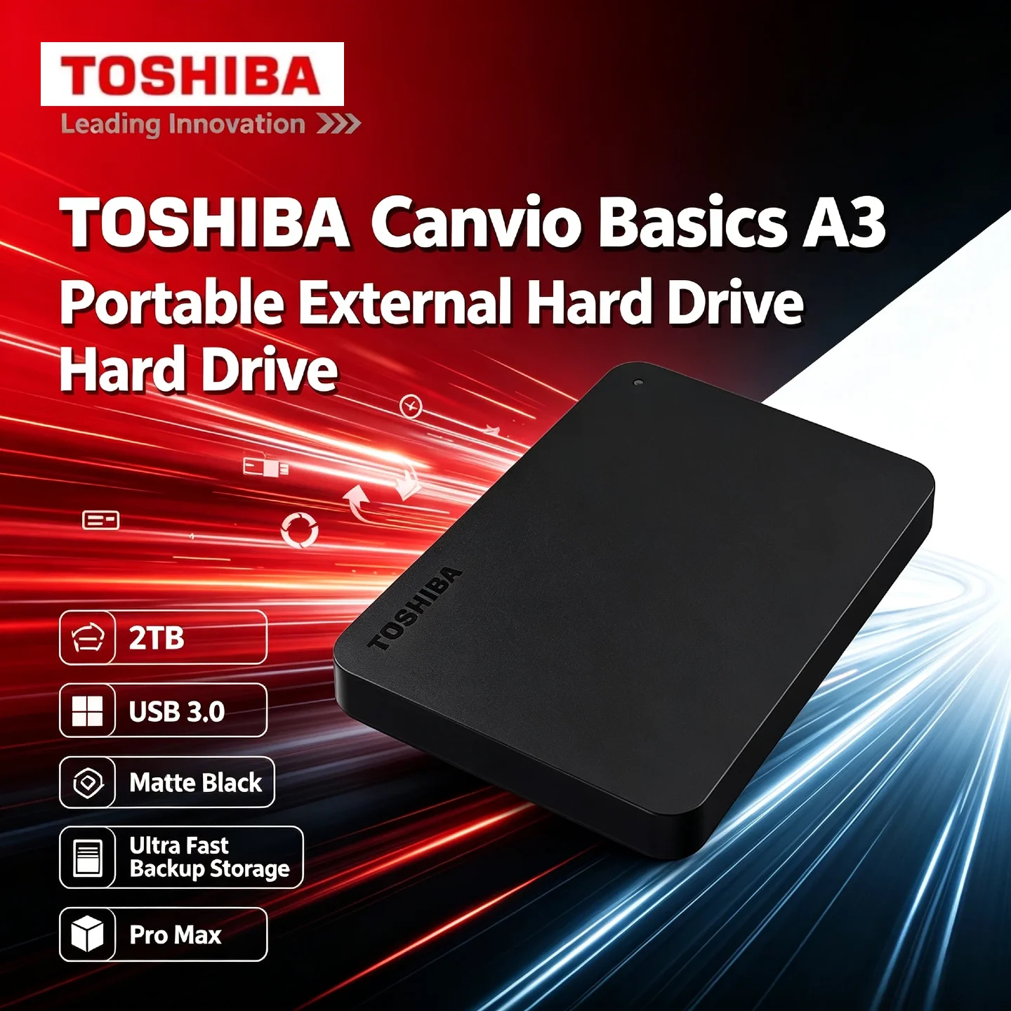 Toshiba Canvio Basics A3 2TB Portable External Hard Drive USB 3.0 Matte Black Fast Backup Storage Pro Max Ultra