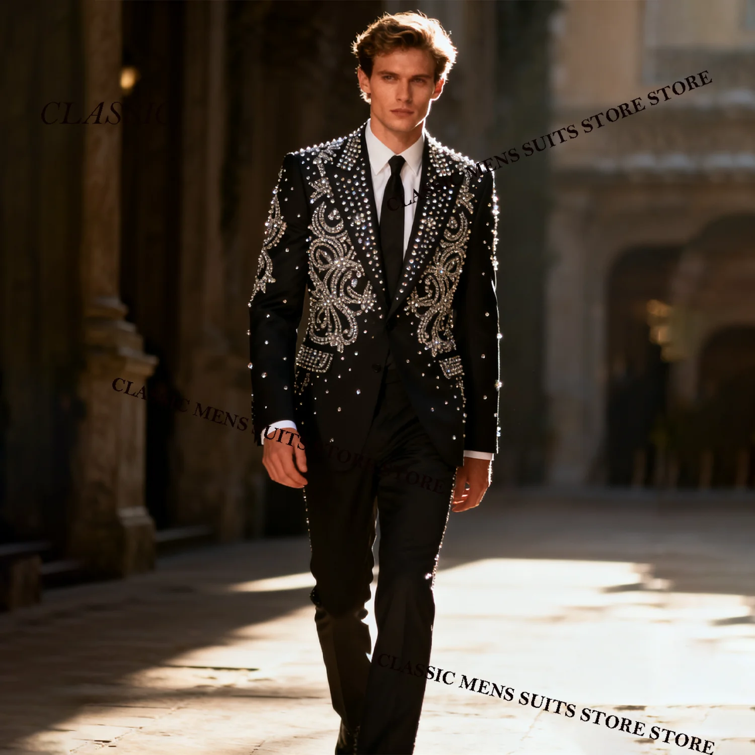 البدلات الرسمية الرجال الدعاوى تألق الماس الديكور بلغت ذروتها التلبيب العريس 2 قطعة مجموعات مخصصة الفاخرة الزفاف الذكور حفلة موسيقية الحلل الدعاوى #1