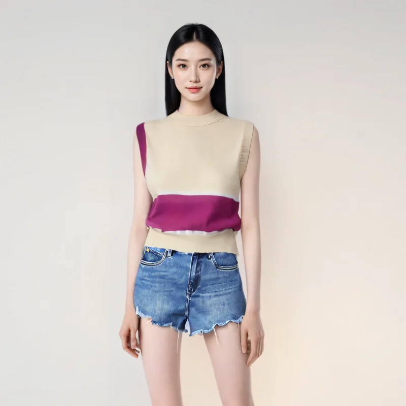 

YG 2024 Summer Autumn Tops Female Korean Fashion Slim Chic Color Contrast The Style Pullover Tops Stripe Sweater Elastic Vest