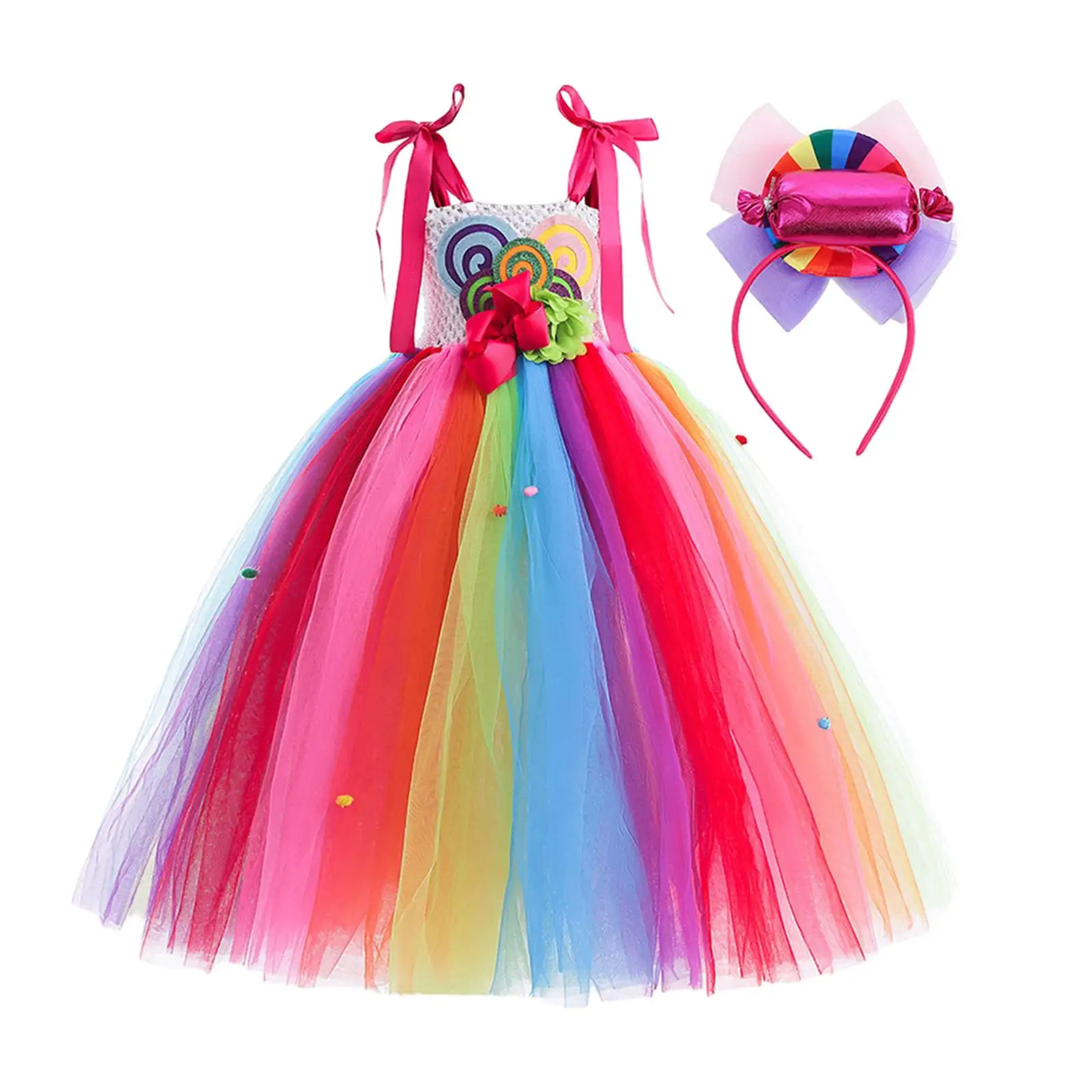 Fairy Stage Costume Girls Lollipop Dress with Headband Glitter Tutu Outfit for Dance Performance