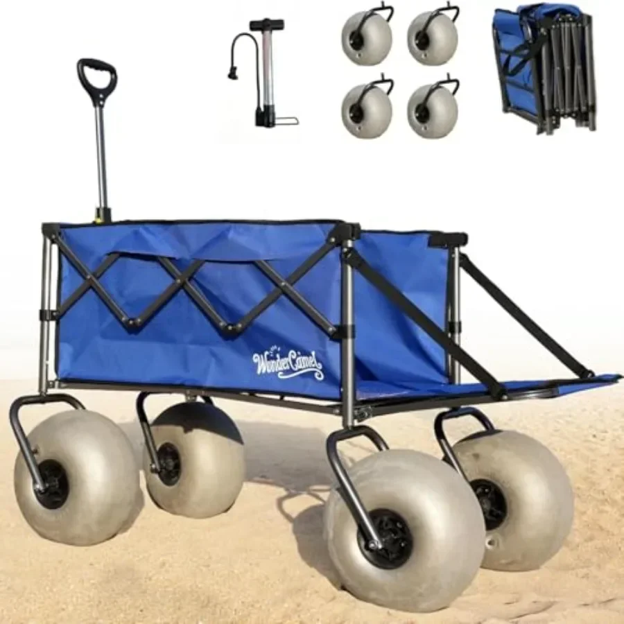 Beach wagon for sand use, aluminum alloy frame, black color, 13-inch balloon wheels with extended tailgate and compact folding