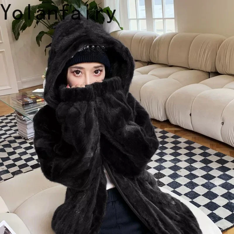YOLANFAIRY 100% Mink Real Fur Coat Women Hooded Winter High Quality Pieced Mink Fur Coats Mid-long Elegant Warm Fur Jacket 72cm