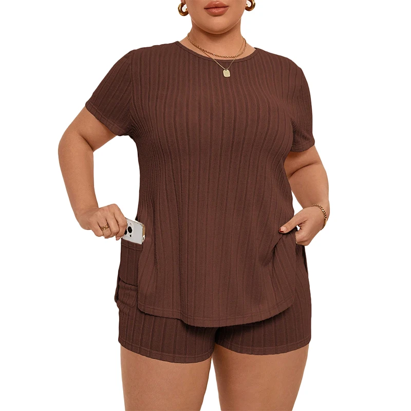 

Plus Size Womens 2piece Set Top Shorts Outfits Ladies Solid Ribbed Short Sleeve Crew Neck Short Sleeve Tee Shirts Women Clothing