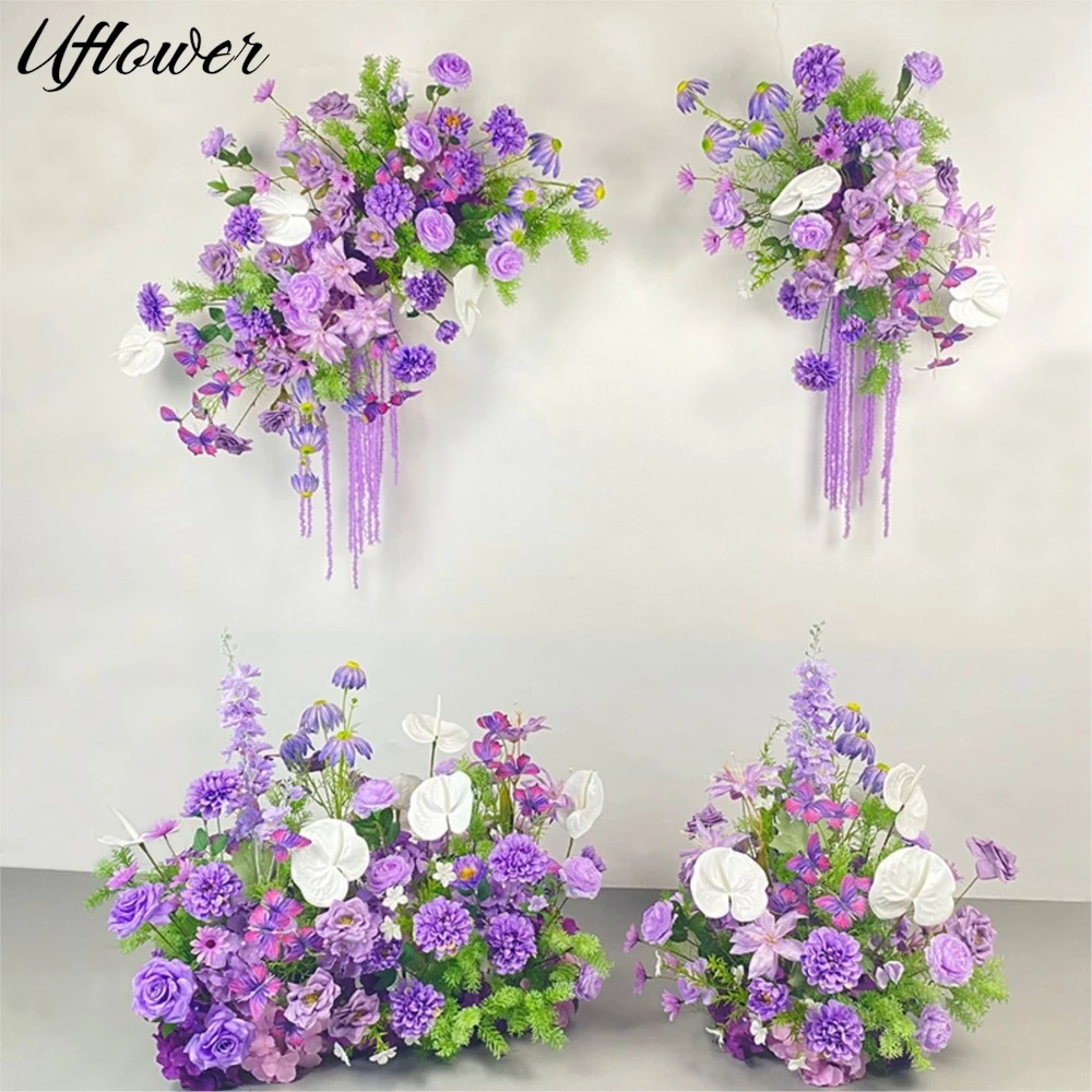 

Цветочная композиция Uflower: фиолетовые, белые розы, пионы, гортензии для прохода, напольного оформления, свадебного фона, декора арок, подвесных цветочных рядов.