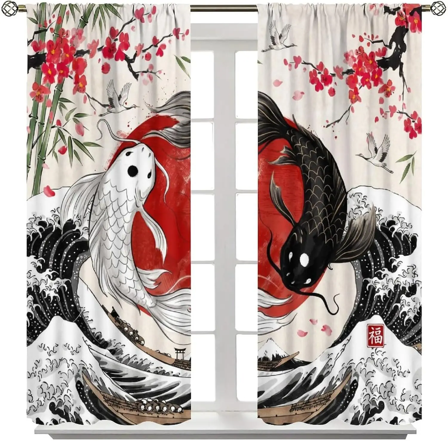Oriental Koi Fish Curtain Panel Asian Bamboo Blossom Chinese Fortune Window Decor Polyester Drapes for Living Room and Bedroom