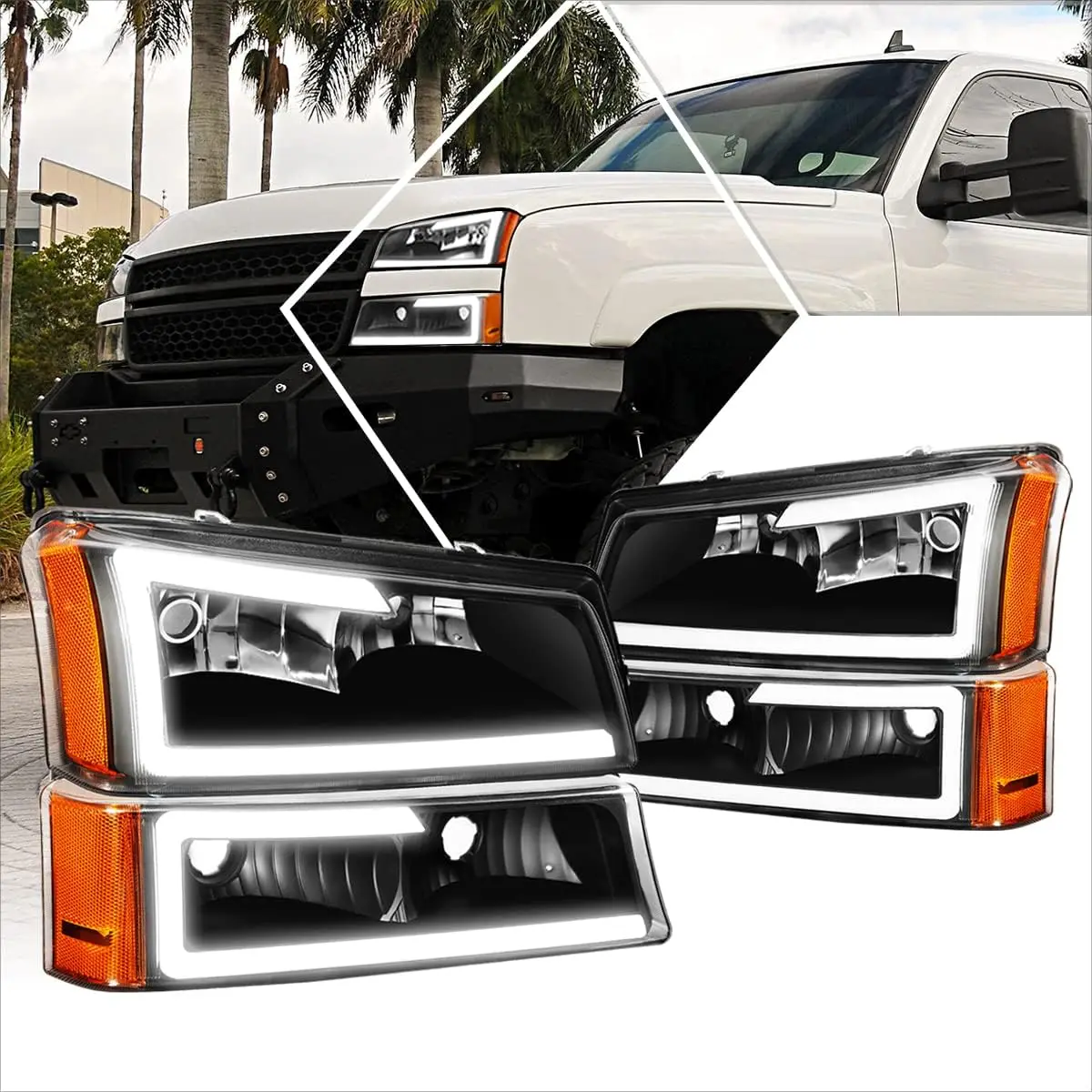 

[4Pcs-Set] LED DRL Headlights+Bumper Lamps Compatible with 03-07 Chevy Silverado Avalanche,Black Housing/Amber Corner