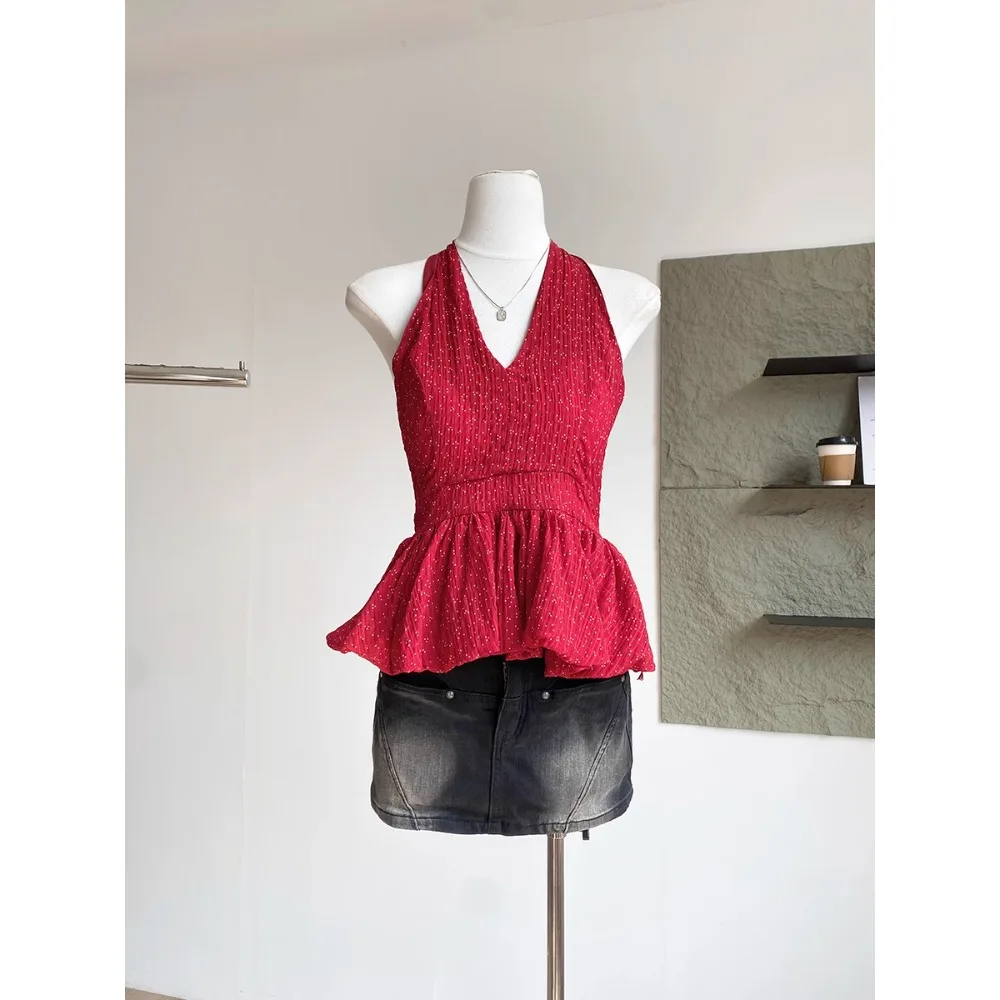 

Women Chic sweet Spicy Girl Polka dot basics Backless ruffle Slip Vestidos Slim Sexy Korean Fashion Summer Women Top