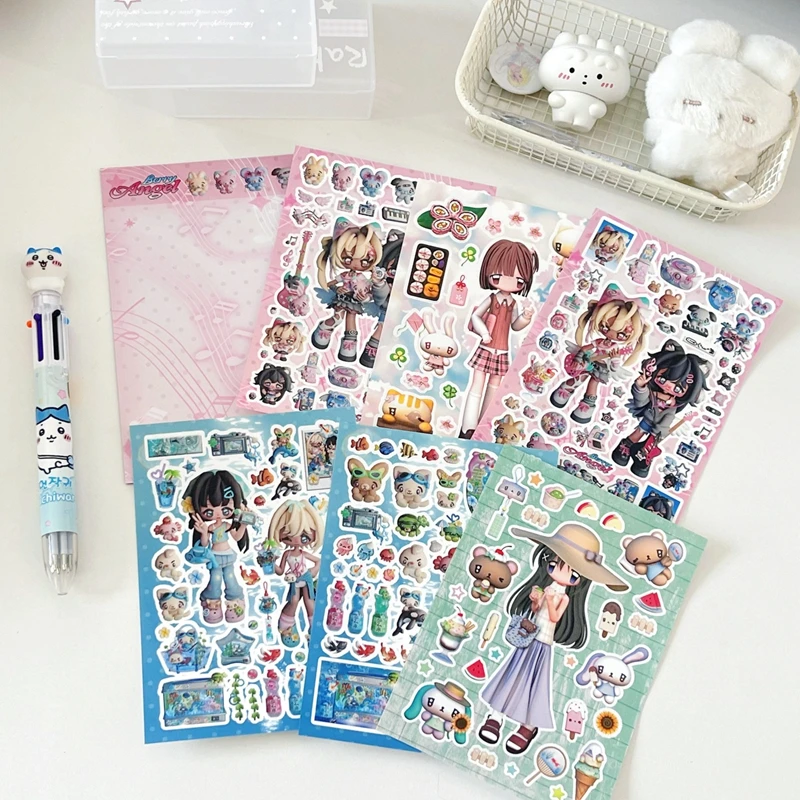 

6Pcs/lot Y2K Cute Cartoon Girl Stickers Decorative Journal Scrapbooking DIY Collage Kawaii Decoration Sticker Gift