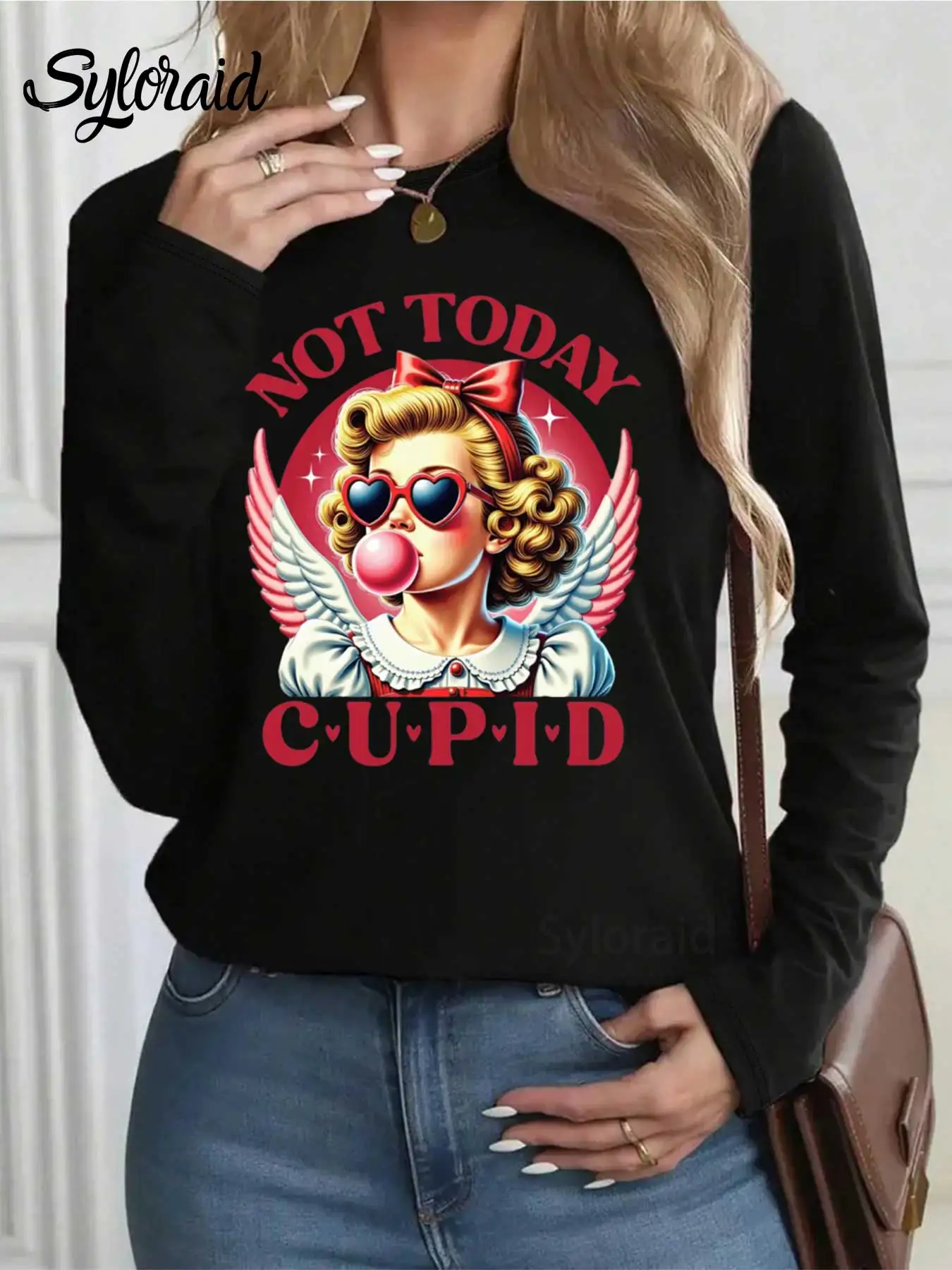 Damska koszulka z długim rękawem z nadrukiem walentynkowym: T-shirt z napisem \\\\\\\"Not Today Cupid\\\\\\\", modny top z okrągłym dekoltem, casualowy.