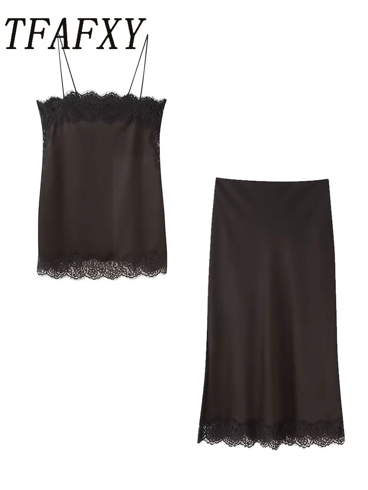 TFAFXY Vintage Casual Donna Marrone Abito in pizzo solido Cami Top corto Gonna lunga dritta allentata Nuova moda 2025 Set per le vacanze