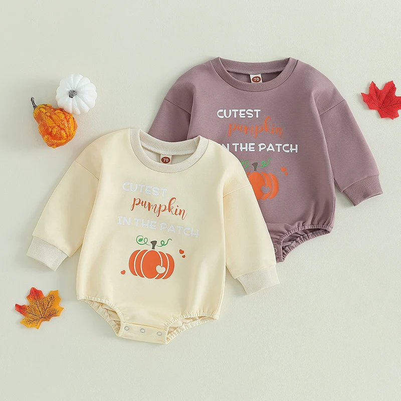 

2023-06-17 Lioraitiin 0-24M Baby Girls Halloween Bodysuit Long Sleeve Crew Neck Letters Pumpkin Print Jumpsuit