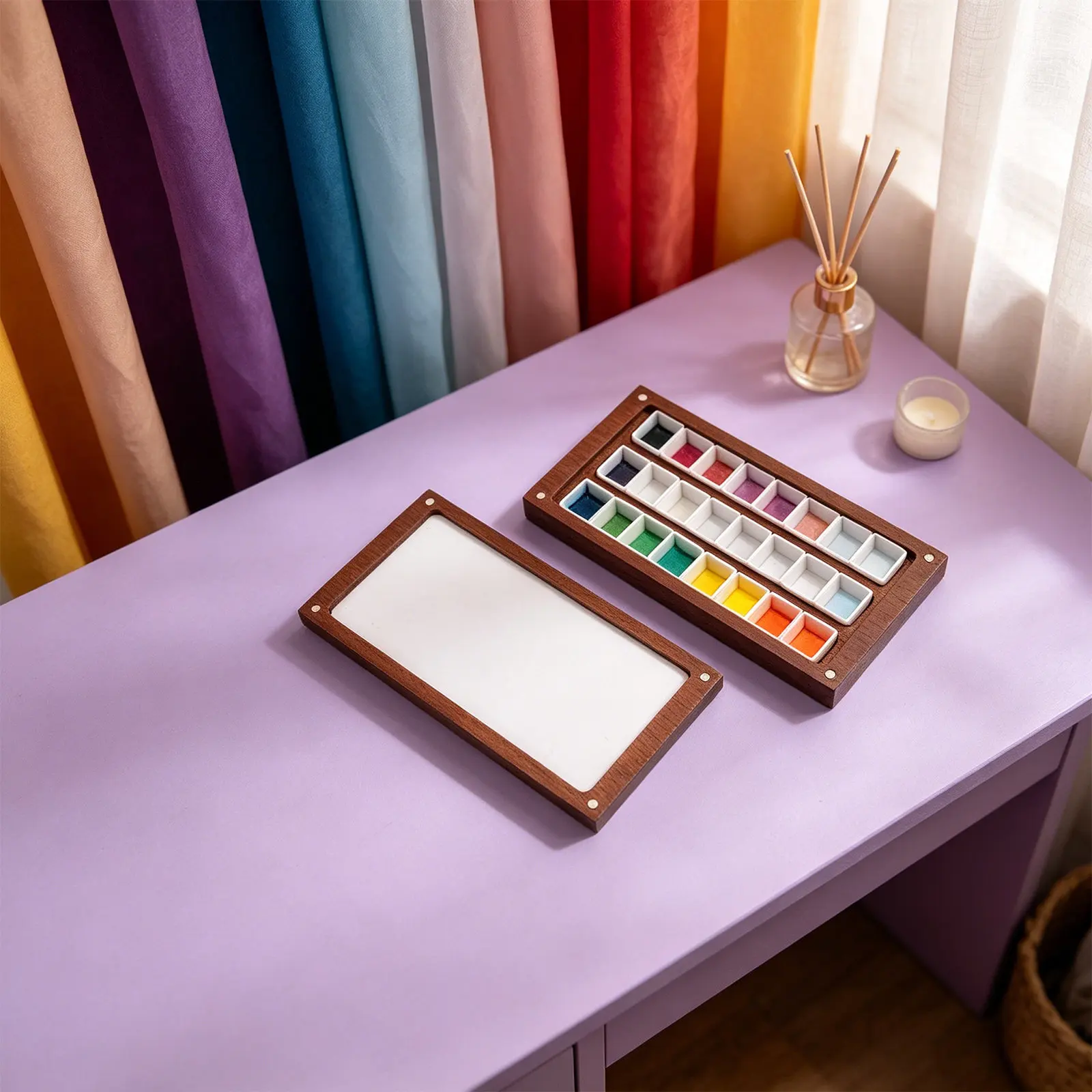 Wooden Watercolor Palette Box 24 Half Pans Paint Mixing Tray Stable Structure Portable Storage Artist Paint Palette for Travel