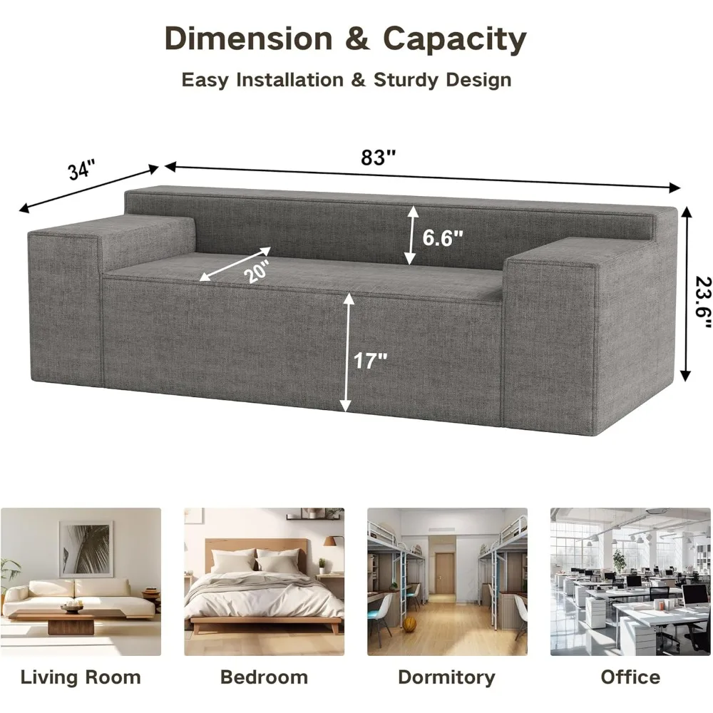 Sofa Modern 3-Seater with 3 Matching Pillows & No Assembly Required Comfy Sofa Couch Cat-Scratch Resistant Linen Sectional Sofa