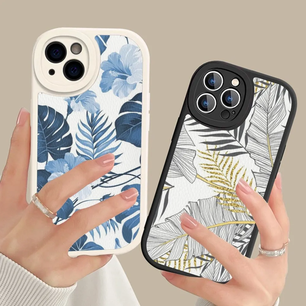 

Чехол из твердой кожи с пальмовыми листьями для iPhone 16, 15, 14, 13, 12, Mini 11 14 Pro Max Xs X Xr 7 8 Plus Fundas