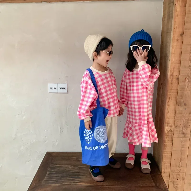 2023 Korean Spring Autumn Children Sibling Look Cotton Plaid Loose Pullover Shirts Suit Long Sleeve Fishtail Skirt Infant Outfit