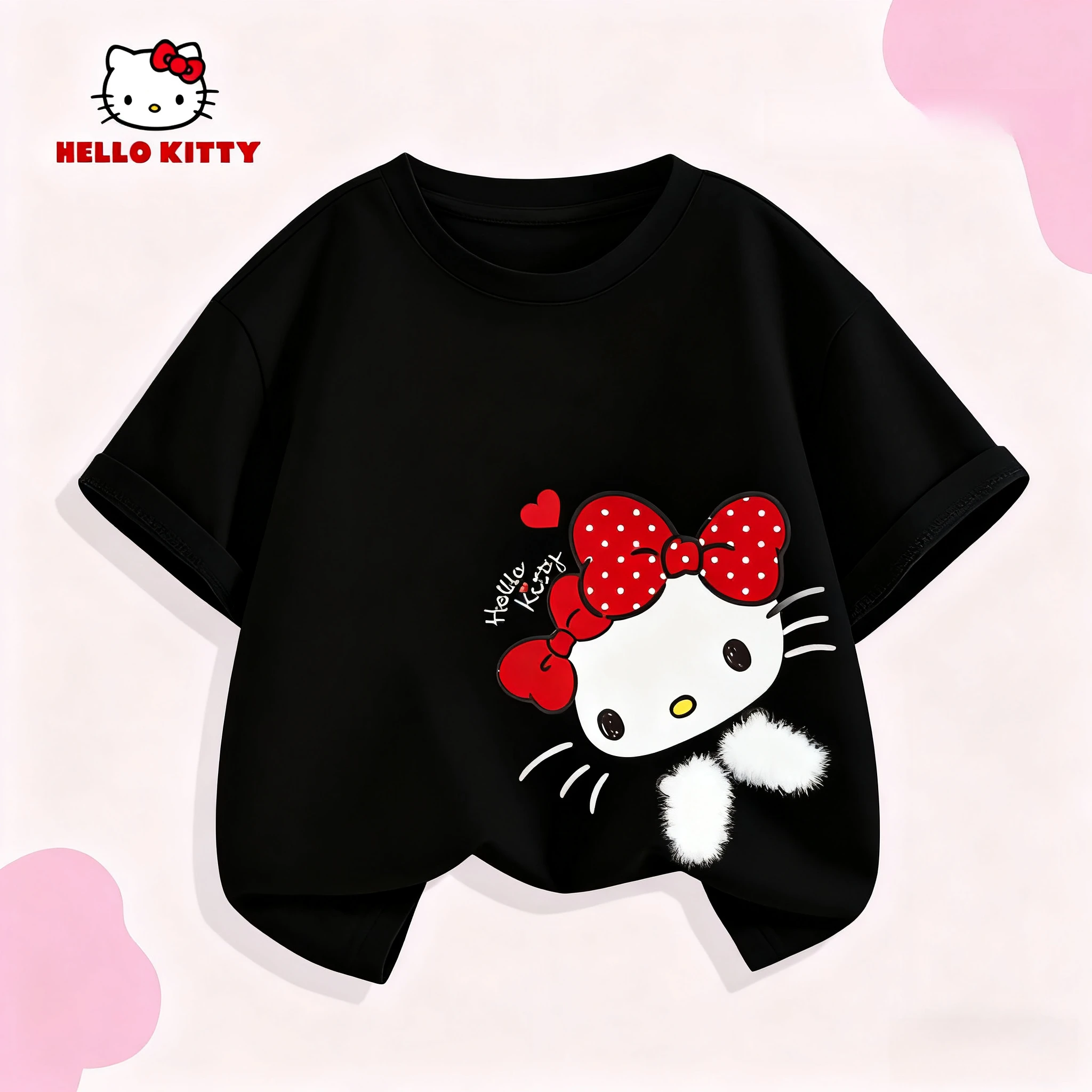

Футболка с короткими рукавами для девочек Hello Kitty, лето 202, новый стиль, детский топ из чистого хлопка, белый летний модный тренд для девочек