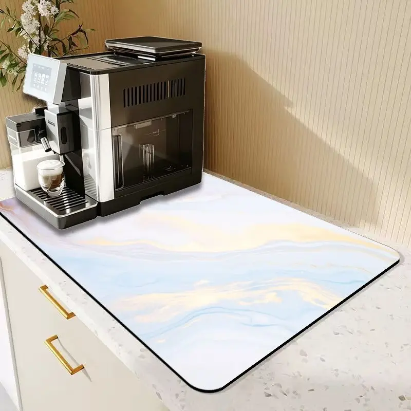 VIKAMA Light Blue Gradient Sand Marble Coffee Bar Mat Absorbent Quick Dry Non Slip Kitchen Coffee Counter Drying Rug