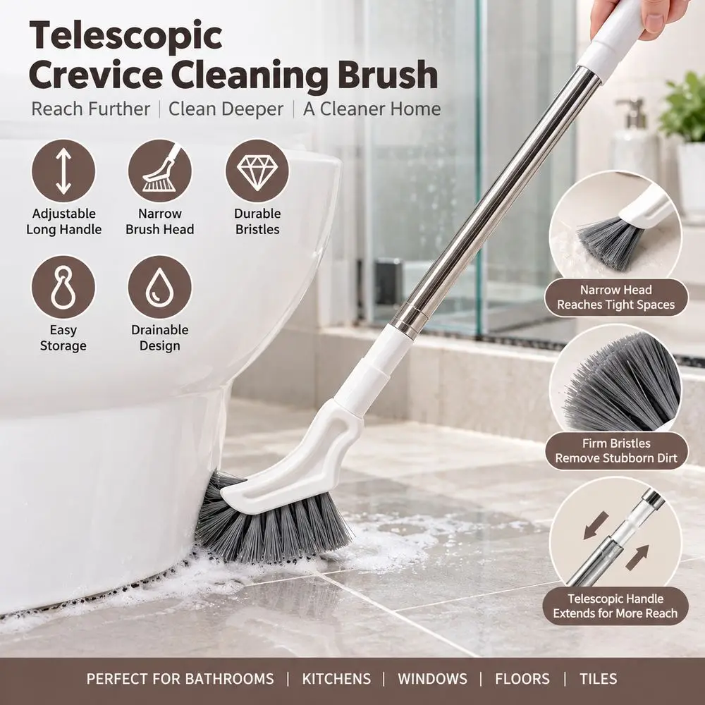 Long Handle Extendable Cleaning Brush Narrow Head Drainable Crevice Cleaning Brush Wall Hanging Gap Cleaning Brush